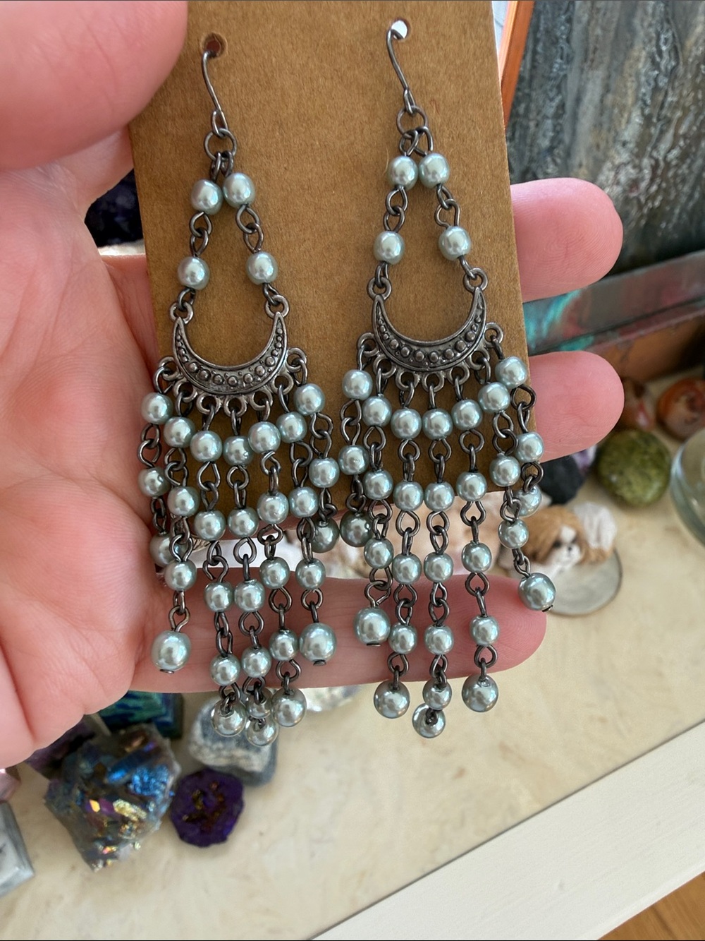 Vintage-Inspired Silver Chandelier Earrings with Pale Blue Pearls